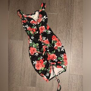 Floral black, mini dress with front cinching